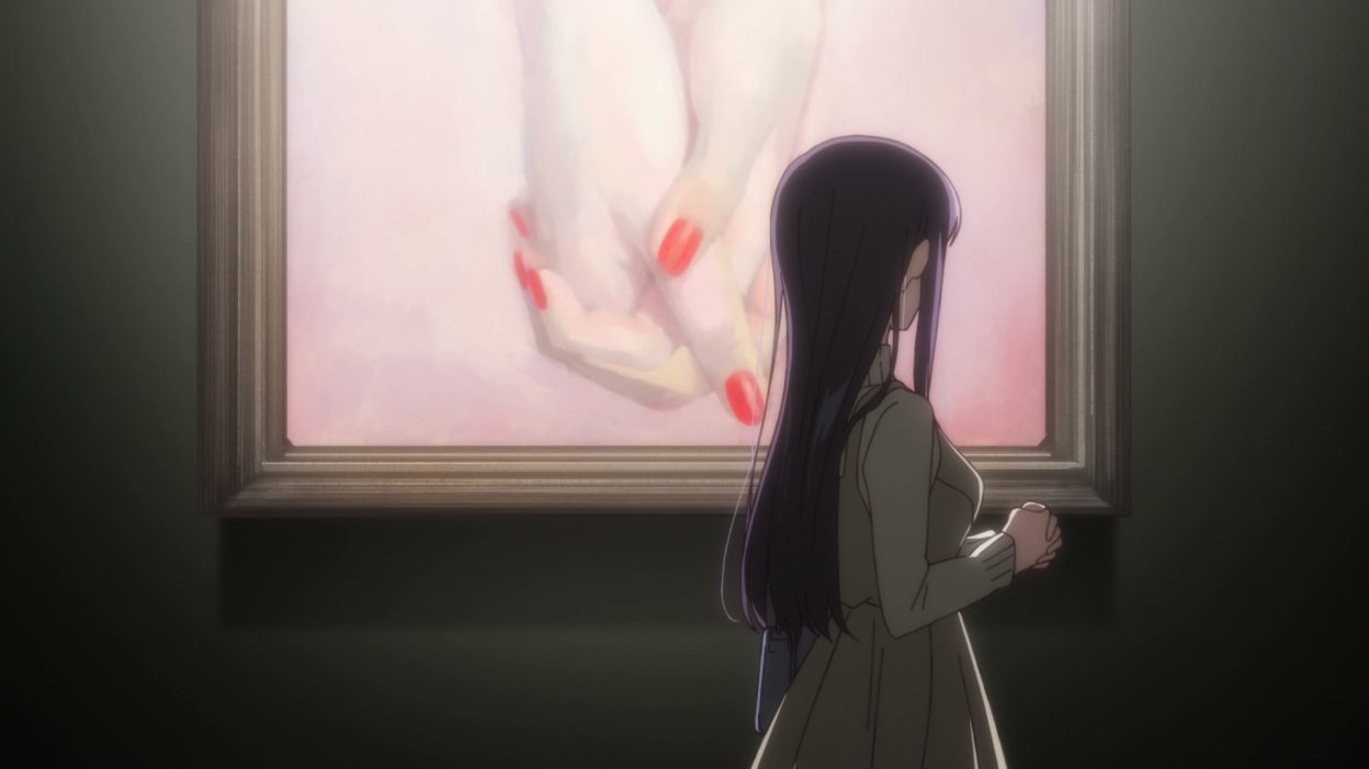 Gujou looking at an artwork, a facsimile of intimacy / Photo still from show proper