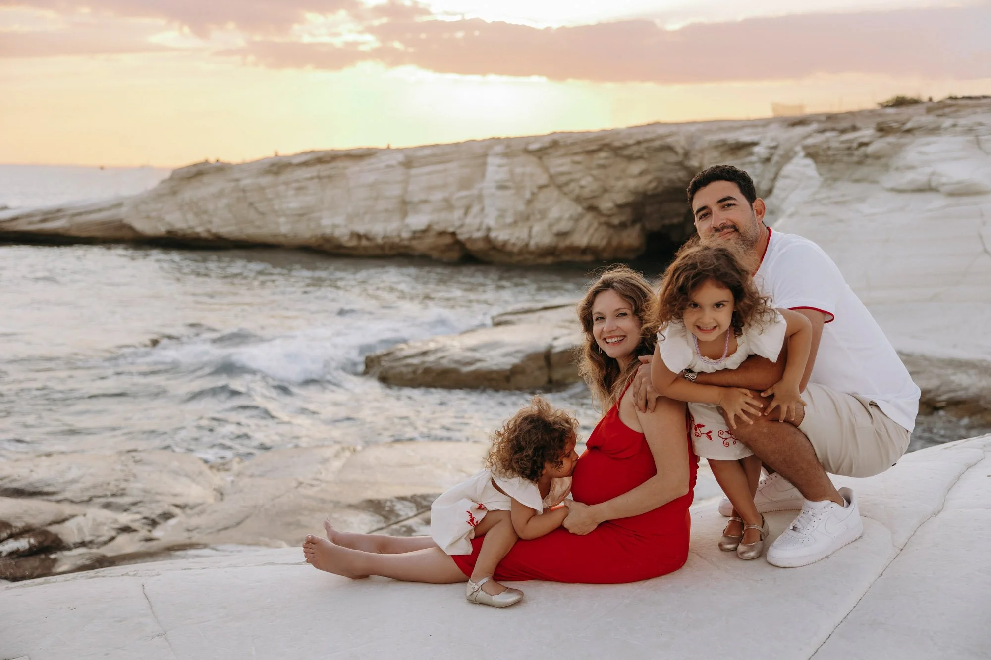 family portrait White Stones Cyprus bright rock formations and ocean background