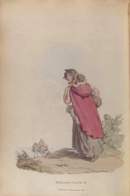 A mother walks along a country path, wrapped in layers of simple garments, her child carried high on her back beneath a long red shawl. This 18th-century English plate, marked “England – Plate 57,” is part of a series by illustrator William Henry Pyn