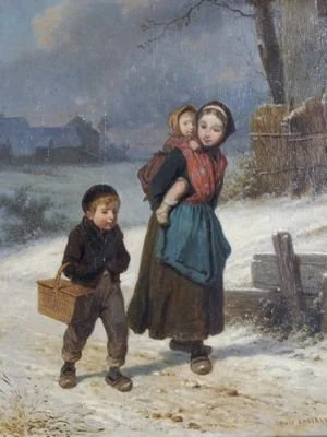 This 19th-century painting by Léon Bazille Perrault gently captures a wintry scene of rural life, where a young girl carries a baby on her back, accompanied by a small boy trudging through the snow with a basket. The children are warmly dressed, thou