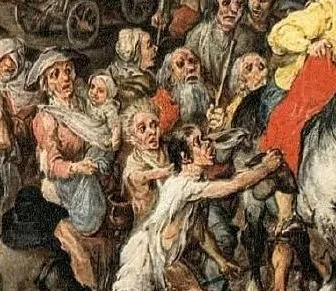 This detail, drawn from a crowded and chaotic scene, shows a woman at the left with a baby secured across her front in a simple cloth. Her head is covered with a bonnet or kerchief, and the infant is nestled against her chest, swaddled and supported