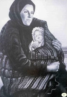 This evocative painting captures a woman wrapped in a heavy, dark shawl, her baby snug against her chest, swaddled in richly patterned cloth. The wrap is thick and textured, with geometric motifs woven in bold stripes, echoing the folk textile tradit