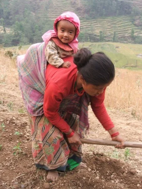 In the terraced hillsides of Nepal, mothers wrap their babies high on their backs in striped shawls called pachheura, so they can work the earth and nurture life side by side. Here, a mother bends to tend her fields while her baby gazes out with brig