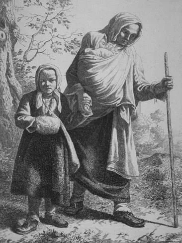 A weary woman walks along a wooded path, her head and shoulders covered, a baby bound tightly to her front in a cloth that crosses her chest and supports the child snugly. One hand grasps a walking stick, while the other holds that of a small girl —
