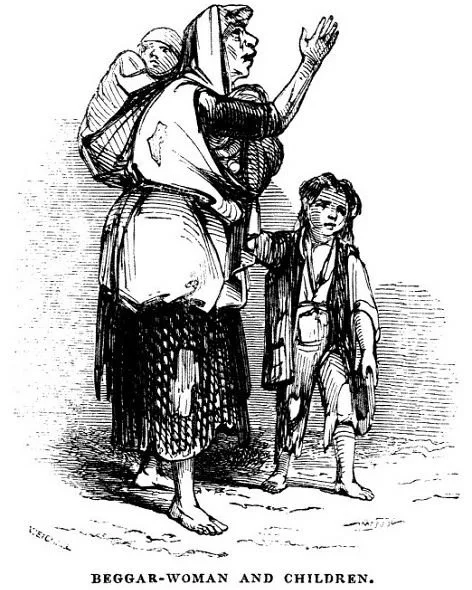 A barefoot woman raises her hand mid-gesture, a baby tied firmly to her back with a broad cloth wrap and a second child clinging to her side. The caption beneath the image reads: “Beggar-woman and children.” Her skirt is ragged, her apron threadbare,