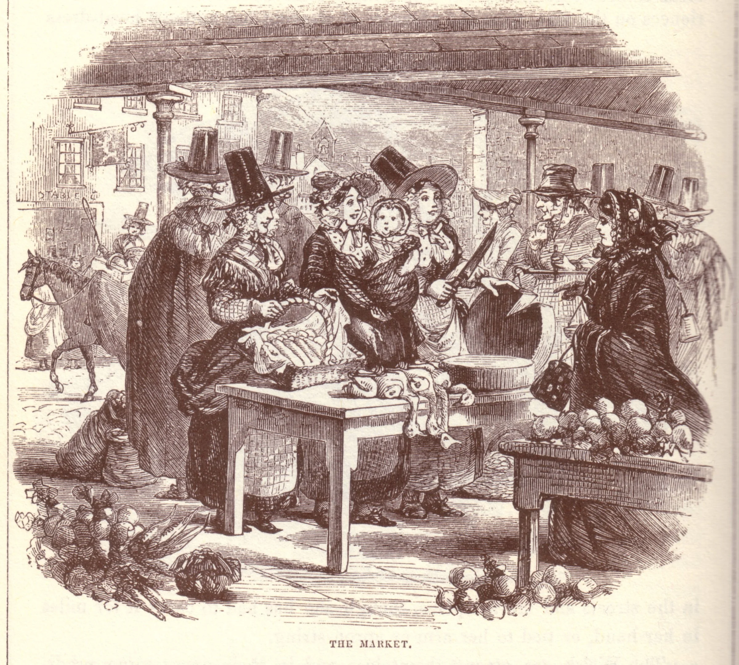 At the heart of a bustling 19th-century Welsh market scene, women in tall stovepipe hats gather under a covered stall to buy and sell their goods. Their shawls are wrapped tightly around their shoulders, skirts brushing the cobbled ground, baskets fu