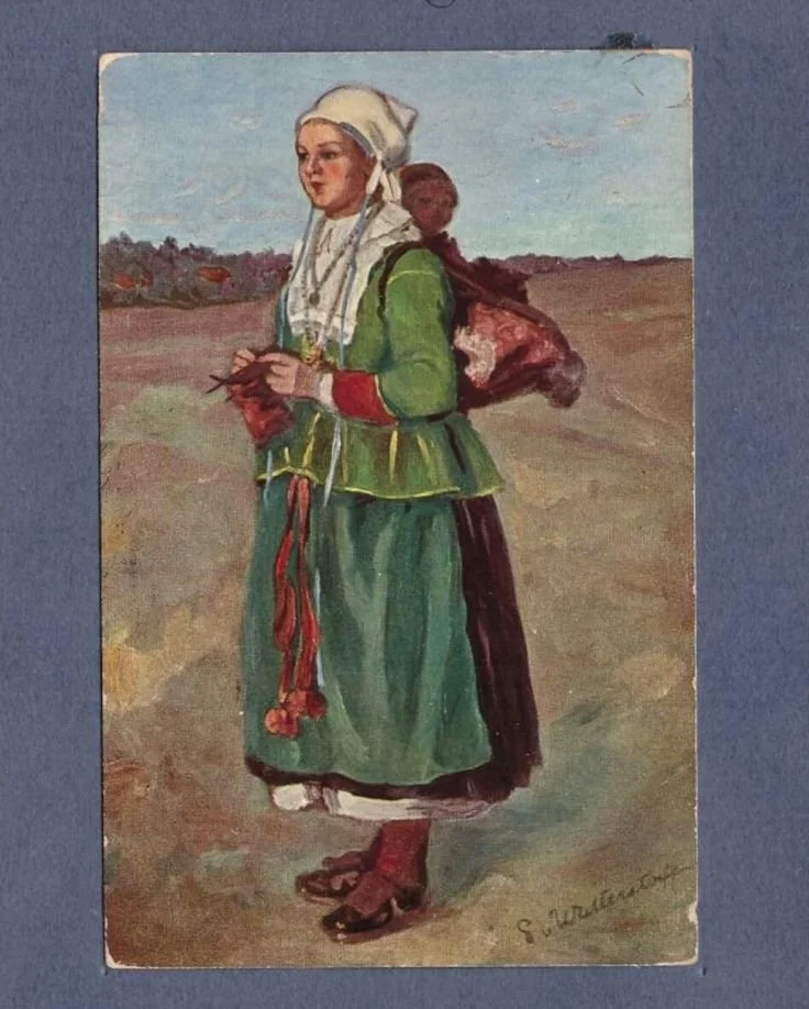 This richly coloured painting shows a woman in traditional European dress, knitting as she walks with a baby carried high on her back in a deep fabric pouch or wrap. The baby appears warmly swaddled and tucked into a thick woollen carrier, suggesting