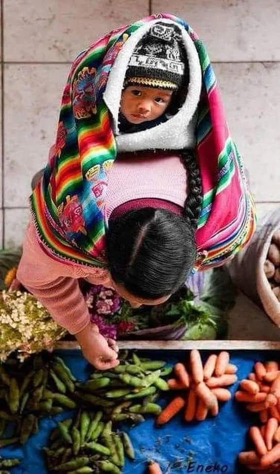 A Quechua woman leans over a vendor’s stall in a bustling Andean market, her long braid trailing down the soft pink of her sweater. She carefully selects green pods from the neat piles of vegetables — beans, carrots, potatoes — laid out on a blue tar
