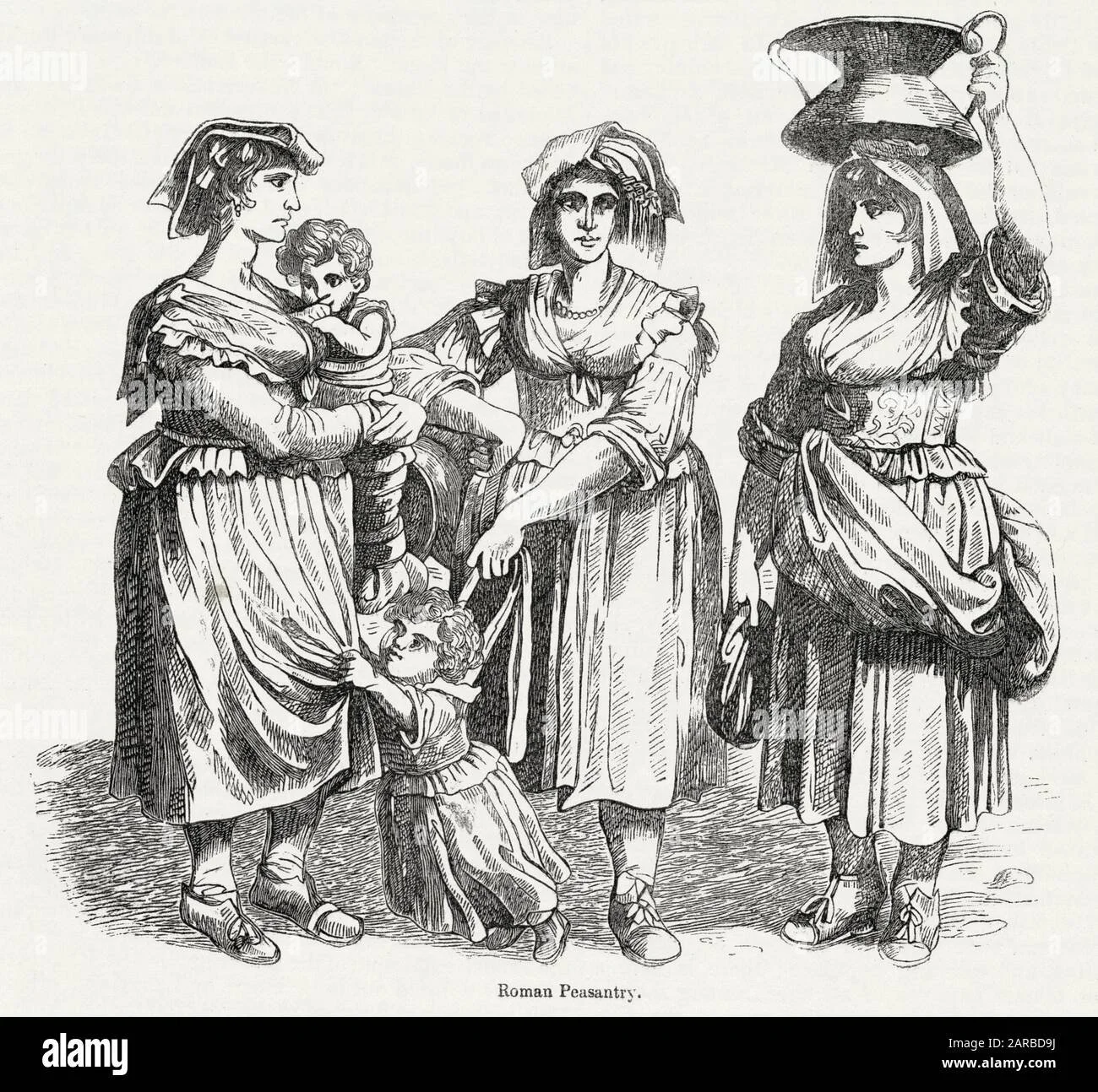 This historical illustration depicts Roman peasant women, showcasing rural life and traditional dress in Italy.
On the left, one woman carries a young child on her hip using a simple cloth sling or wrap. The cloth is tied over one shoulder and suppor