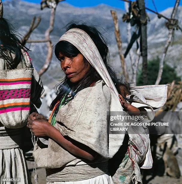In the highlands of Colombia’s Sierra Nevada, a mother pauses with her child carried close in a cloth sling that wraps around her shoulder and under her arm. Her traditional handwoven garments—undyed cotton with embroidered detail—echo the landscape