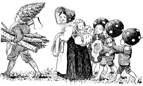 This charming black-and-white illustration shows a large family walking together, likely drawn from a children’s book or fairy tale. The figures are cartoonish but expressive, their outfits echoing 19th-century European peasant or folkloric dress. Th