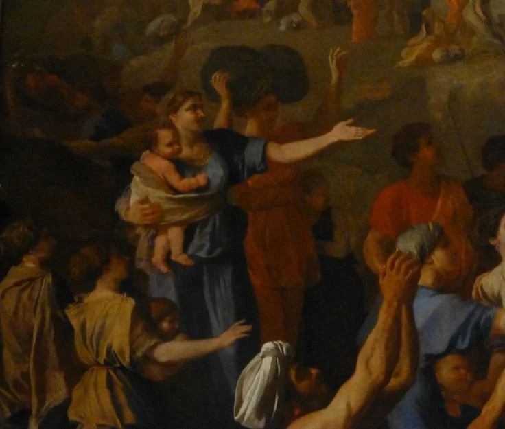 Among the crowd of raised hands and burdened backs, a mother steps forward with her baby bound tightly to her torso. The scene is The Crossing of the Red Sea by Nicolas Poussin (1594–1665), a master of the French Baroque. Yet beyond its biblical gran
