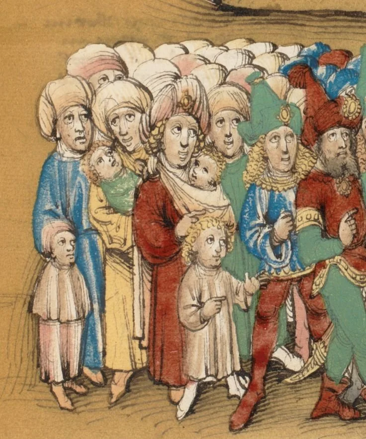 In this richly coloured medieval manuscript illustration, a crowd of elaborately dressed figures presses forward, their garments and turbans drawn in detailed lines and jewel tones. Nestled among them are two women with babies — each child carried cl