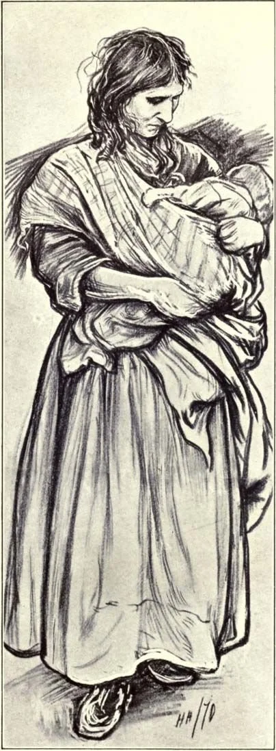 This evocative sketch captures a mother of the British Isles — most likely Irish or Scottish — holding her baby wrapped close in a shawl. The cloth is pulled snug across her body, supporting the child upright while still allowing her arms to encircle