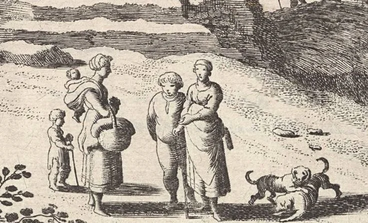 This etching appears to be a 17th-century European pastoral scene, likely from the Dutch Republic or Italy, based on the illustrative style and figures' dress. It depicts a group of women and children in a naturalistic coastal or riverside landscape,