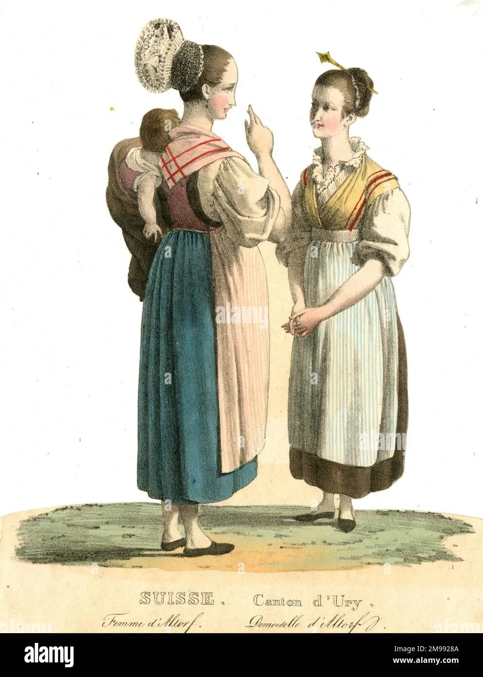 In this 19th-century Swiss illustration, a woman from the village of Altorf in the canton of Uri carries her child high on her back in a soft cloth carrier. The sling is tied securely over both shoulders and beneath the arms, anchoring the child in a