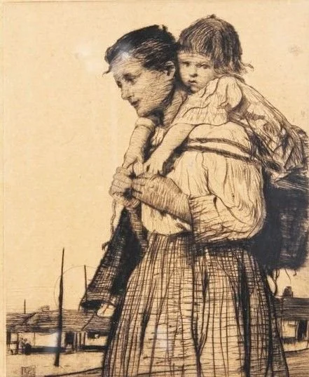 A solemn, striking portrait of maternal endurance, this etched or lithographic-style illustration shows a mother walking forward with her child carried high on her back. The child’s arms drape over her shoulders, clinging instinctively, while the mot