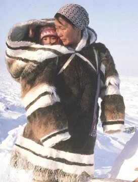 Wrapped in thick bands of fur, a mother in Greenland carries her child high on her back in a beautifully constructed amauti — the traditional Inuit parka designed specifically for babywearing. The child’s eyes peek out from within the ample fur-lined