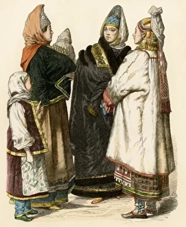 This beautifully detailed illustration depicts Russian peasant women and children in traditional dress from the 19th century. The image likely comes from an ethnographic or costume study published during the imperial era — artworks like this were com