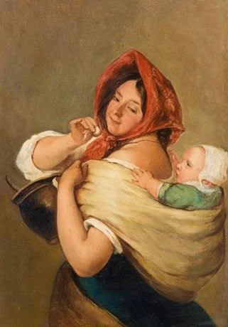 With cheeks flushed and a kerchief tied over her dark hair, this southern Italian mother carries her baby high on her back, snug against bare skin beneath a thick shawl. Her eyes are soft and knowing, her posture relaxed — as if the task of carrying
