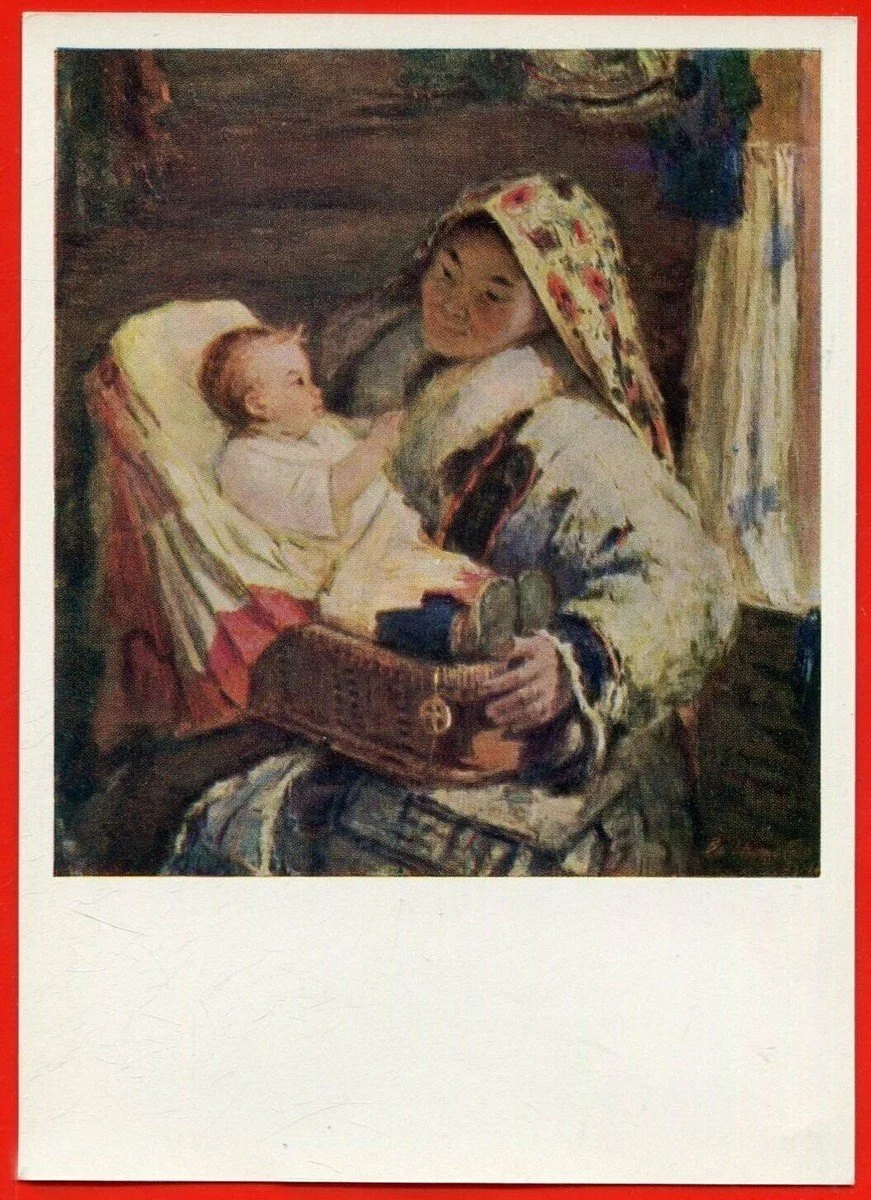 In this warm, intimate painting, a mother from a Siberian Indigenous community tenderly holds her baby in a beautifully crafted cradle. The mother, dressed in a fur-lined coat and a floral-patterned headscarf, gazes down with a gentle smile as her ba