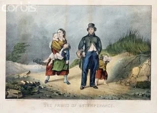 This 19th-century English print, titled The Fruits of Intemperance, was created as a moral illustration — but tucked within its cautionary message is a moment of familiar caregiving. A weary mother walks barefoot along a rough country path, two child