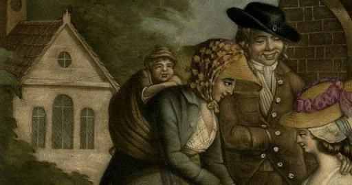 In this charming village scene, likely from the Low Countries or nearby regions of northern Europe in the late 18th or early 19th century, a mother carries her child high on her back in a wide piece of cloth. The wrap is pulled snugly across the chil