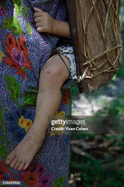 In the forests of Peninsular Malaysia, a young child rests inside a traditional woven rattan basket, their small frame nestled securely against the caregiver’s back. The basket is lashed in place with cords and sits against a vivid sarong, its floral