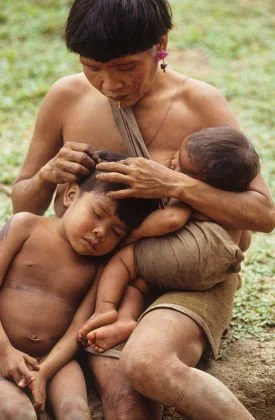 In a quiet moment of care and connection, a Yanomami mother from the Venezuelan Amazon tends gently to her children. Her baby is securely carried in a cloth sling across her chest, nursing as she combs through the hair of her older child nestled clos