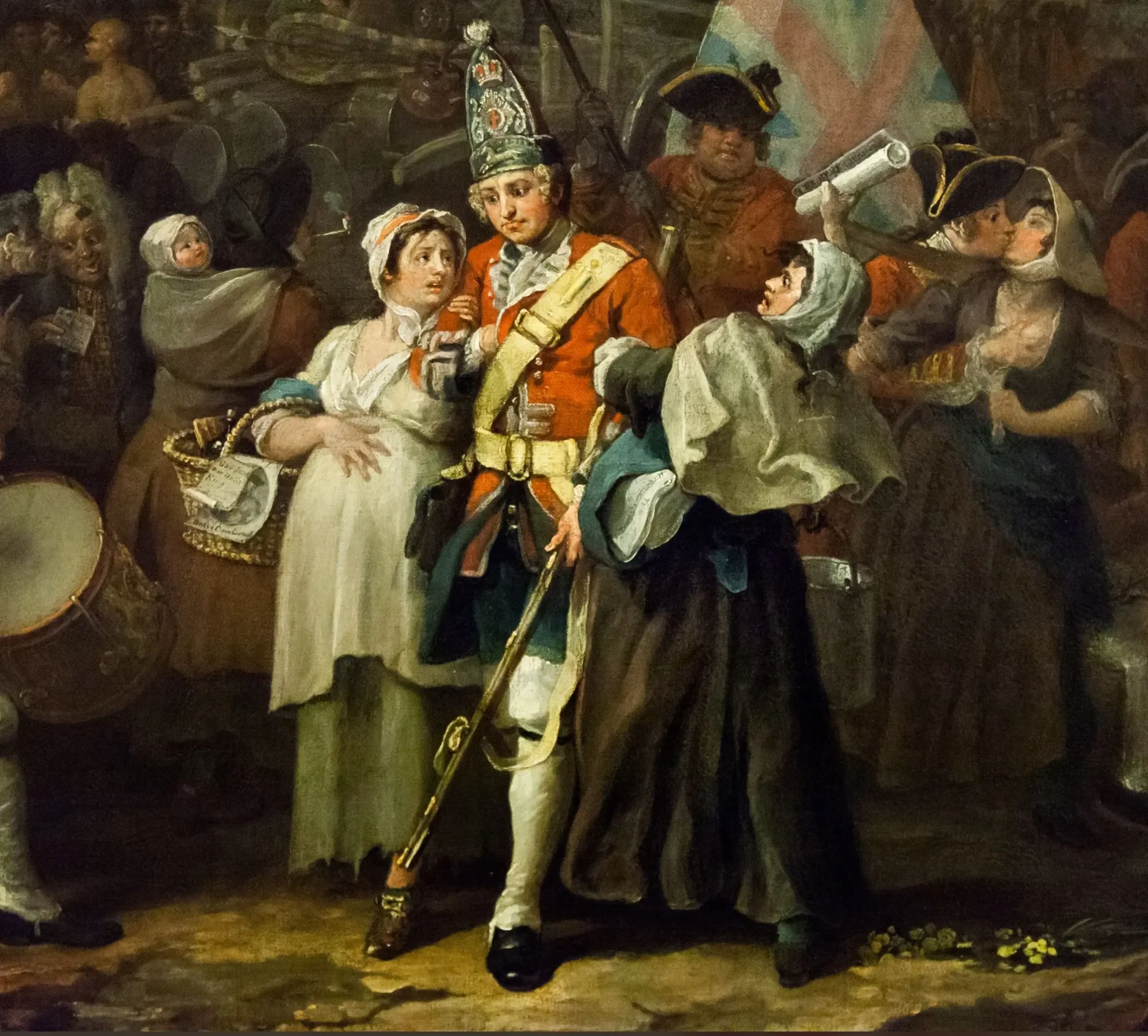 Amidst the lively crowd and swirling drama of William Hogarth’s The March of the Guards to Finchley (c.1750), a mother moves through the chaos with her baby snugly wrapped on her back. While the soldiers shout, flirt, drink, and prepare to march, she