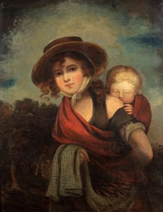 A romanticised portrait of rural motherhood in Georgian England, this oil painting captures a young woman carrying a sleeping child on her back in a long red wrap. Her wide-brimmed hat is tied beneath her chin with a soft ribbon, and her gaze meets t