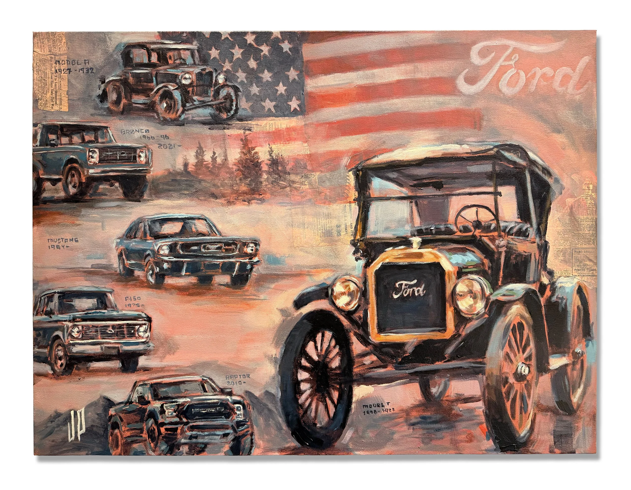 Painting of a Ford Model T and other iconic Fords over an American flag