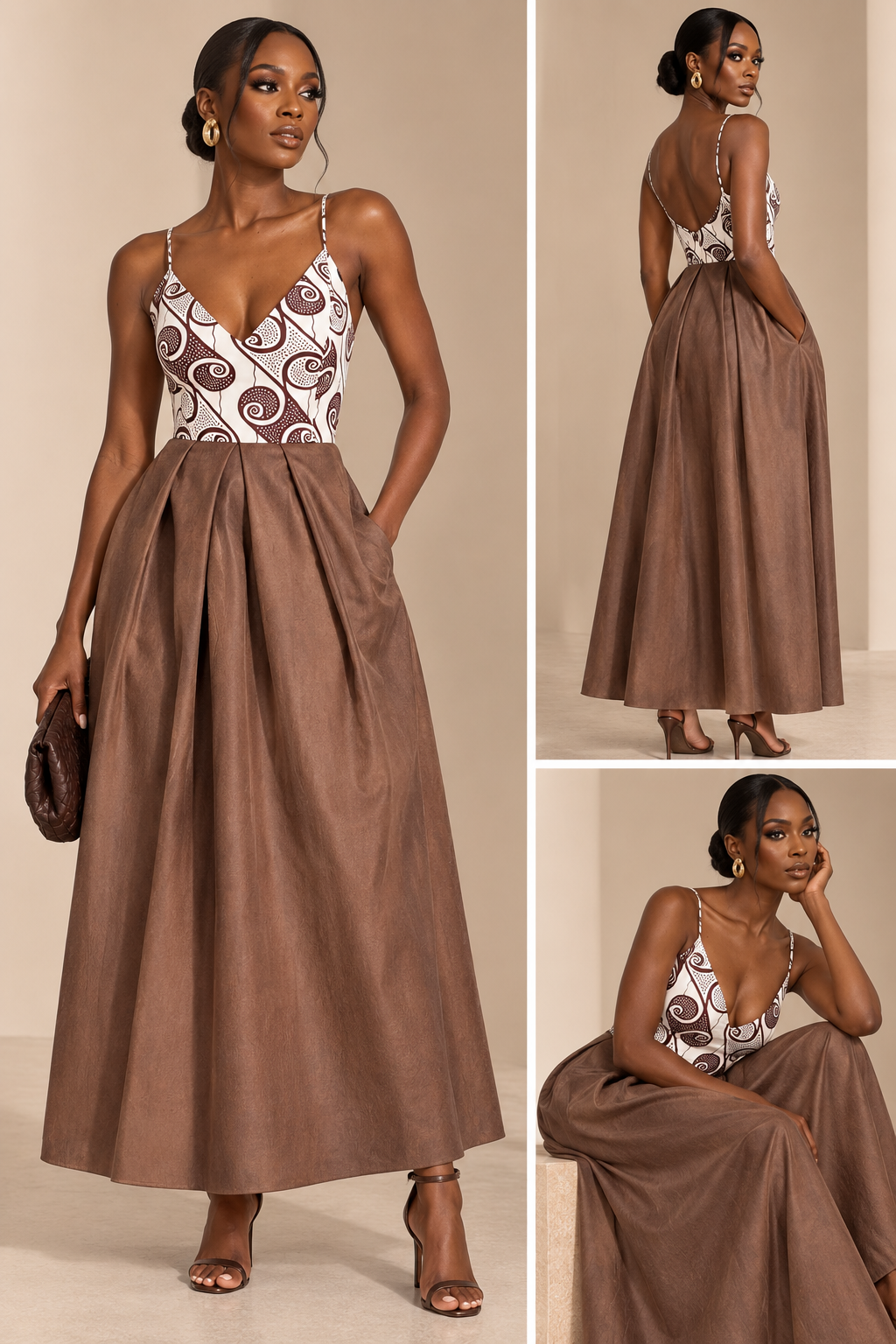 Crowned Elegance Brown Low Back Maxi Dress