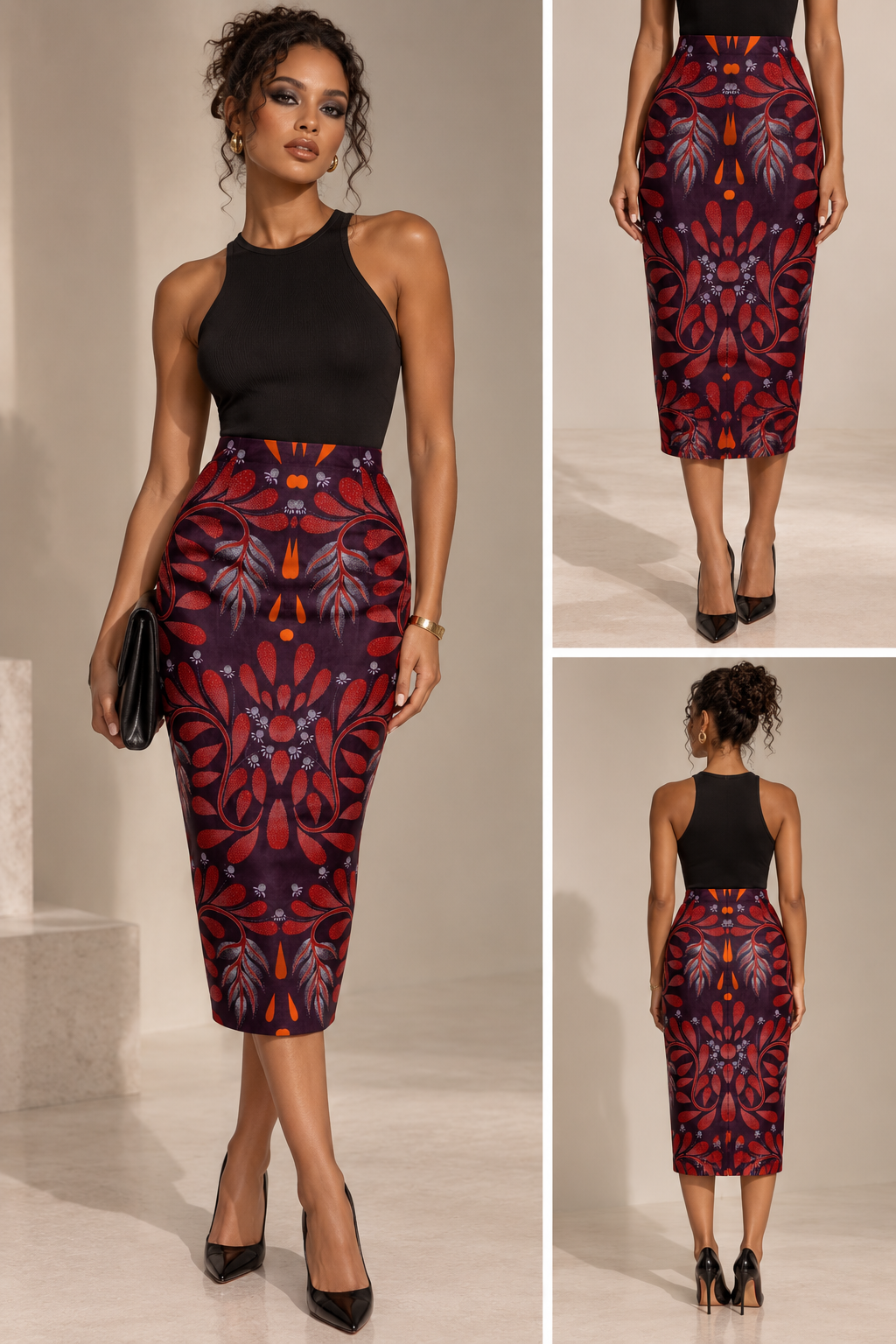 Crowned Elegance Red Pencil Skirt