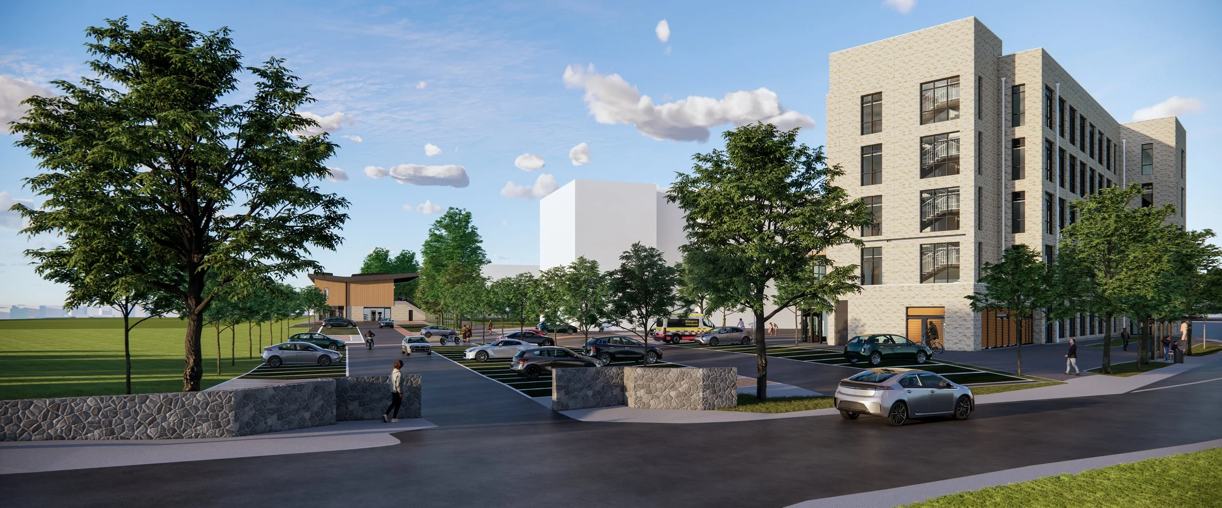 Rendering of a modern multi-story apartment building with surrounding trees, parking lot, and people walking outside on a sunny day.