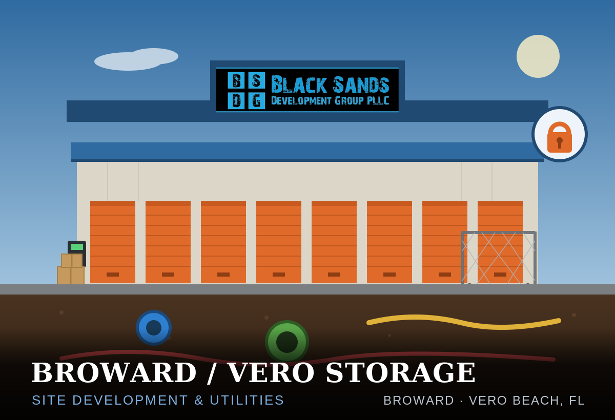 Title page of a site plan document for Broward/Vero Storage at 2380 47th Street, Vero Beach, Florida. It includes maps showing the site location and vicinity, owner and engineer contact information, and official stamps and approvals.