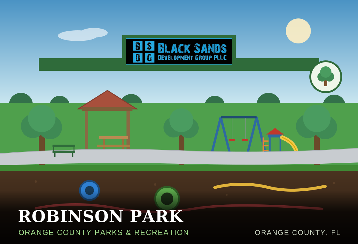 Construction document overview for Art 2 Park, also known as Orange-Robinson Park, in Orlando, Florida, dated June 30, 2021. The document includes maps, site plans, and a detailed index of drawings related to the park's development, layout, and infrastructure.