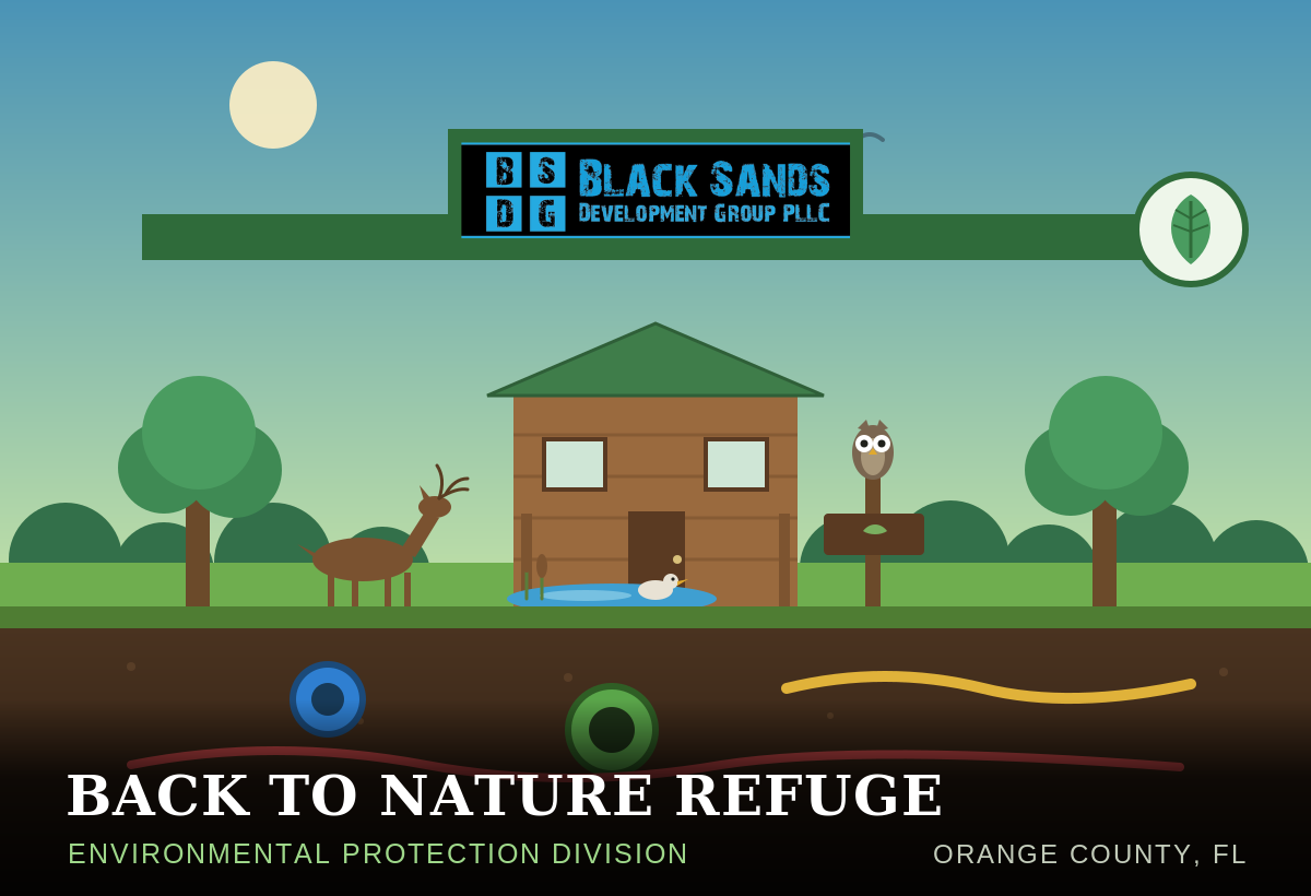 Engineering project document titled 'Back to Nature Wildlife Refuge' for Orange County, with a map showing the project location in Orlando, Florida, and plans for a wildlife refuge including a site graphic view, aerial photo, and consultant information.