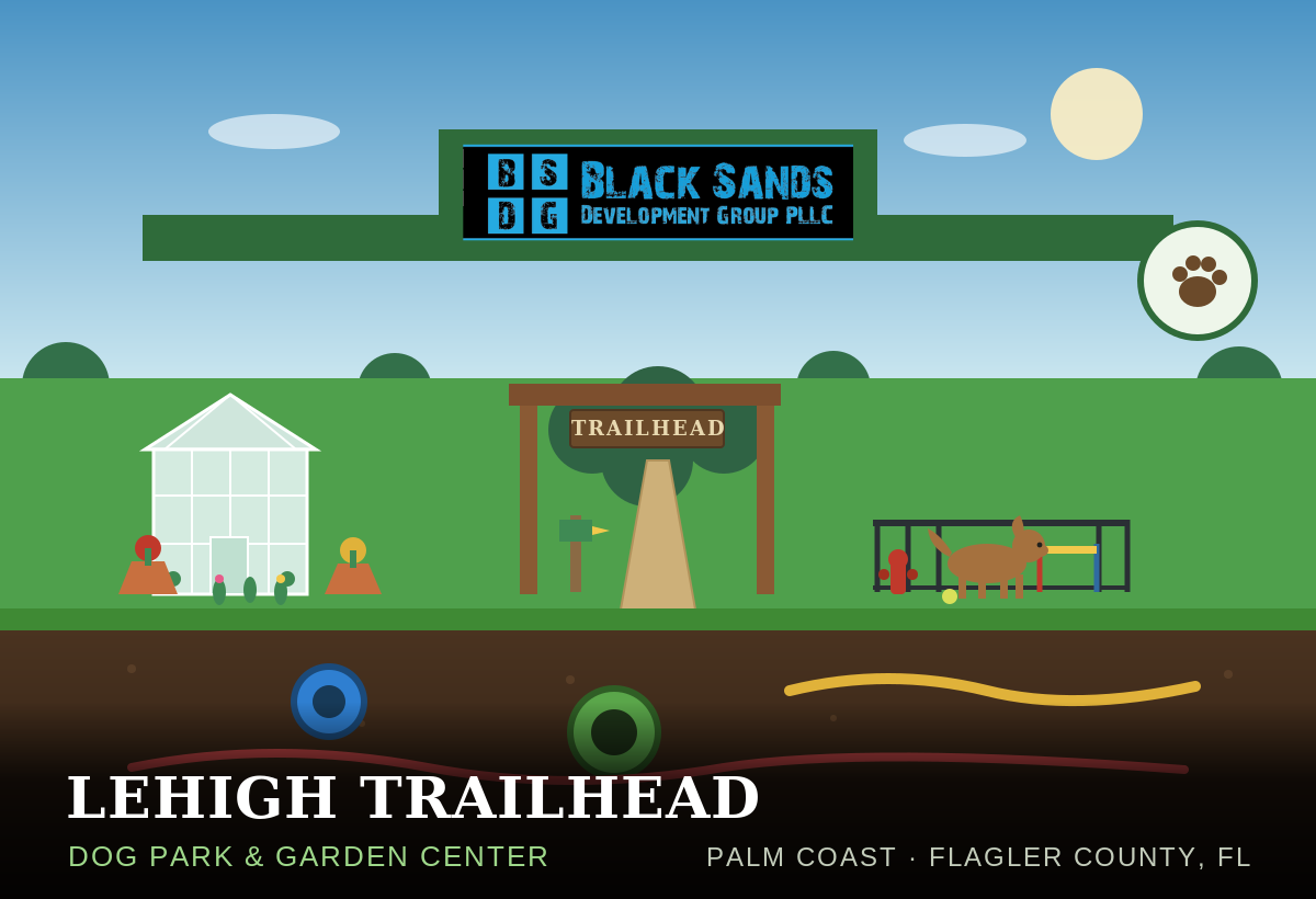 Construction plans for Lehigh Trailhead at Palm Coast, Florida, including site, flood zone, soils, and vicinity maps, with project details and contact information.