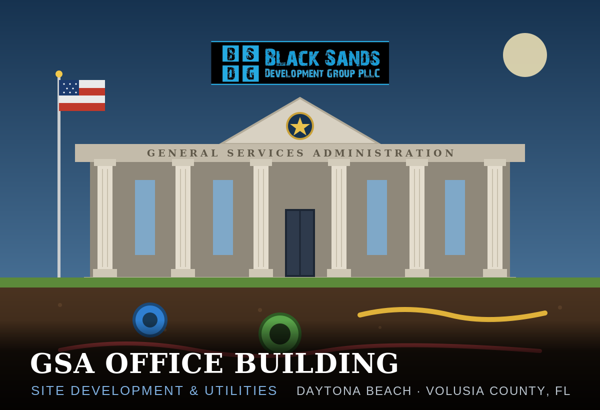 Architectural blueprint titled 'GSA Office Building Final Engineering Plans' for a project in Daytona Beach, Florida, with detailed site maps, zoning map, soils map, flood zone map, and project information including owner, developer, engineer, and project description.