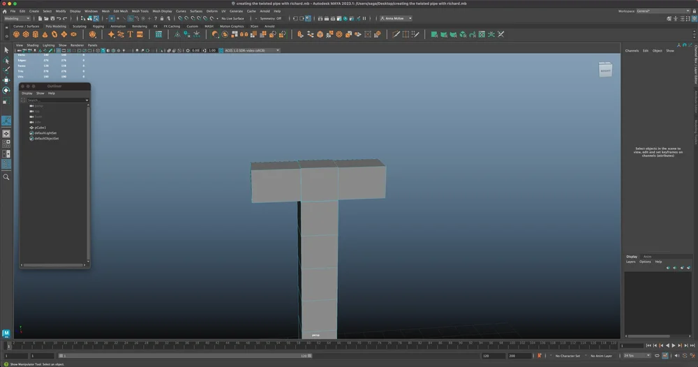 Beginning the creation of the metal pipe, inserting Edge-Loops within a cube primitive, then scaling and extruding the faces
