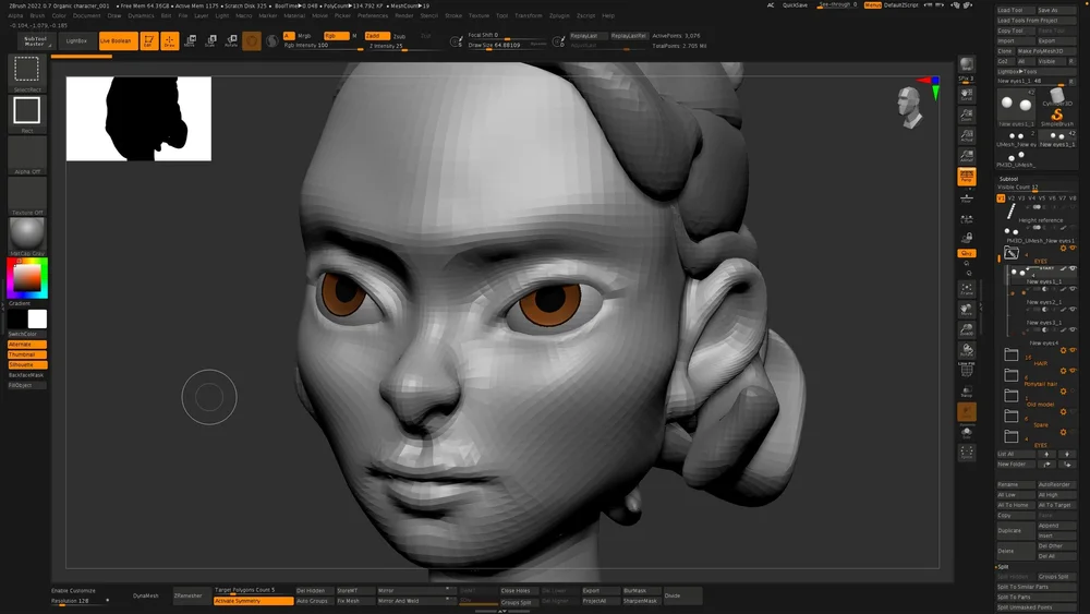 Live Boolean created within the eyes, then Polypaint was added accordingly 
