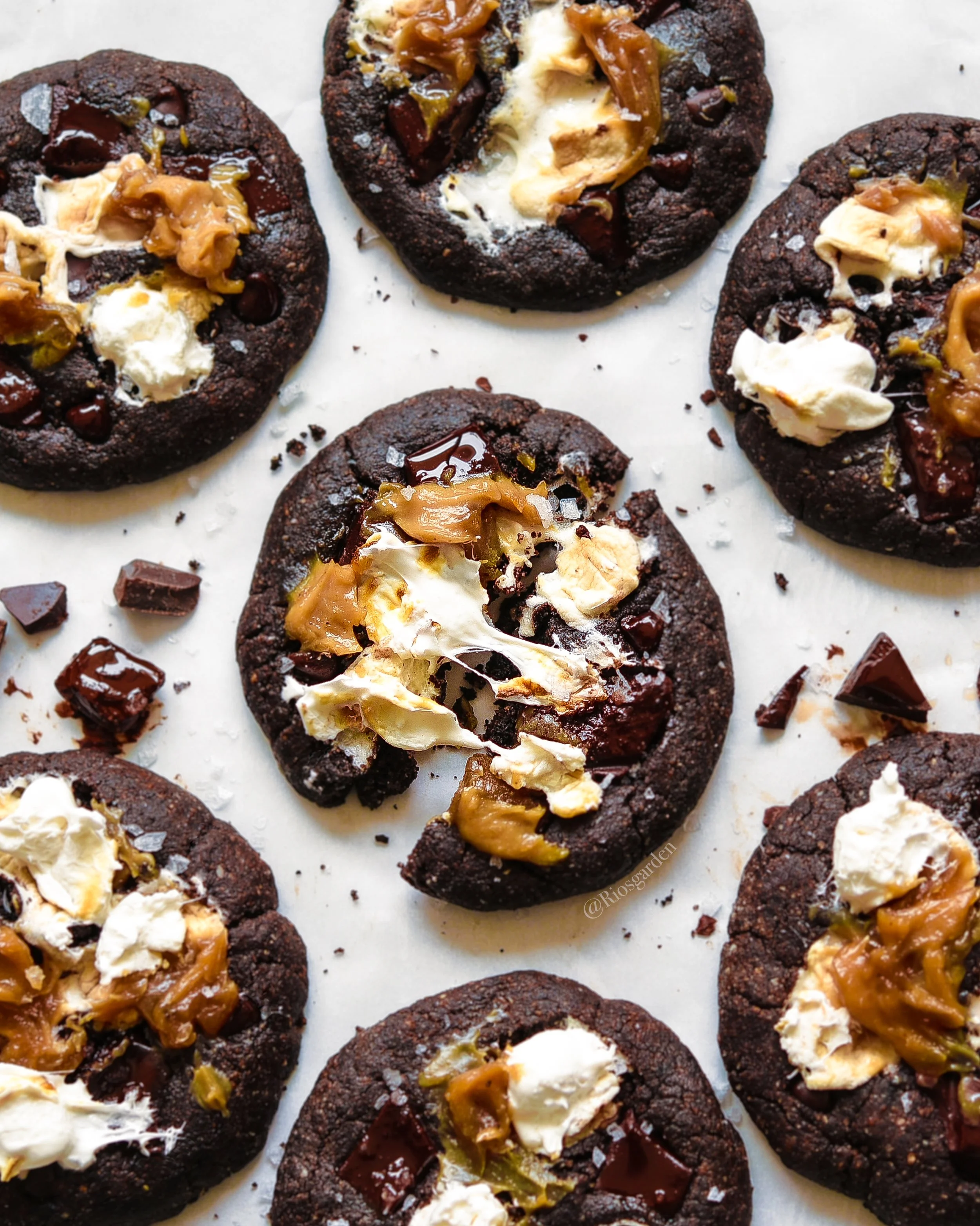 S'mores cookies with marshmallows, chocolate and peanut butter.