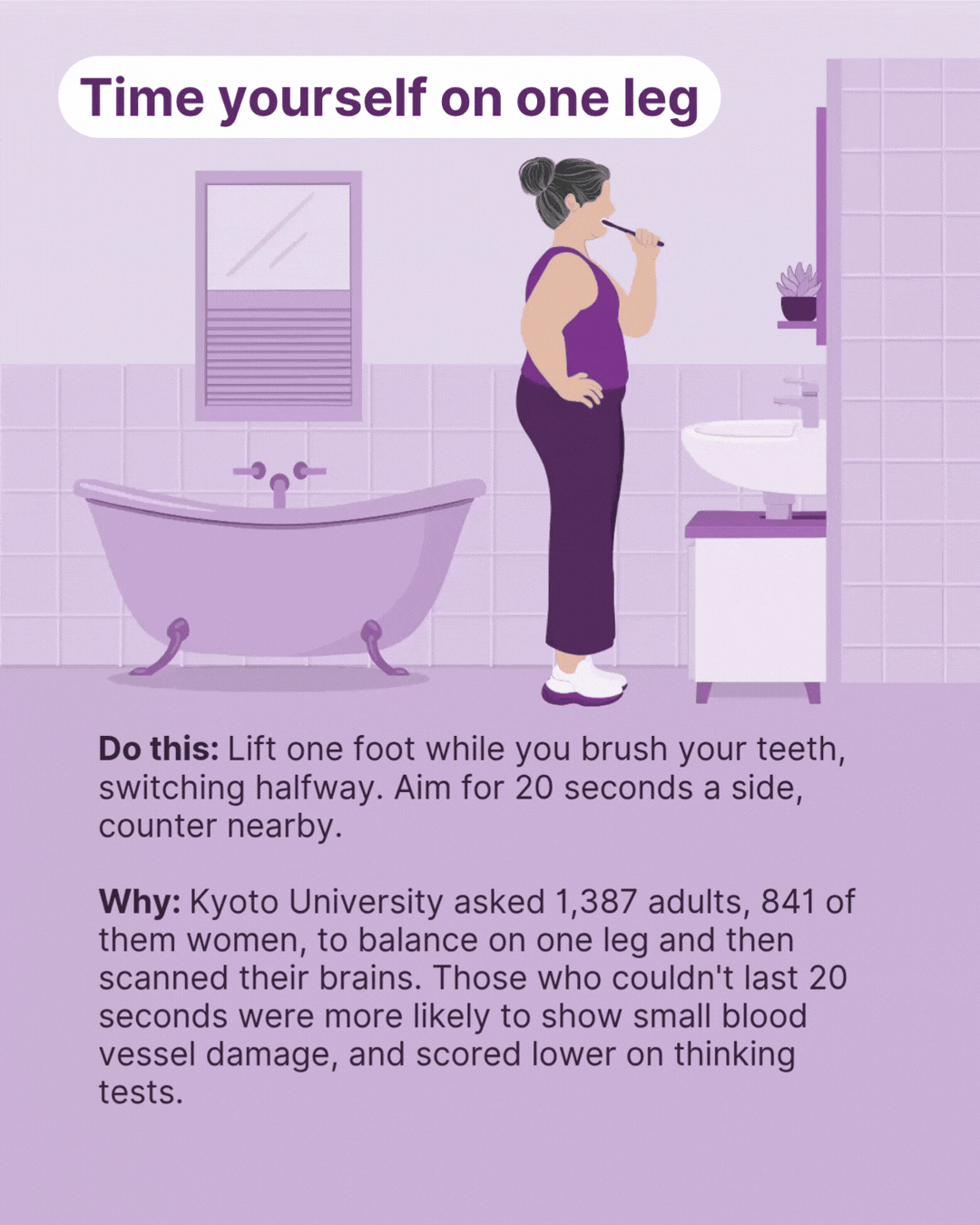 illustration of woman standing on one leg while brushing her teeth