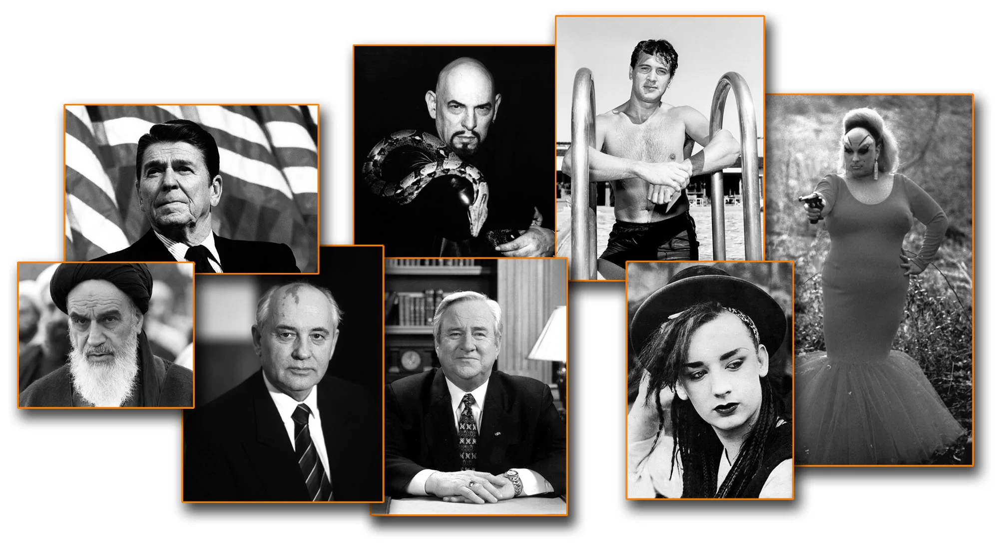 Left to right: Ayatollah Khomeini, Ronald Reagan,&nbsp;Mikhail Gorbachev, Anton LeVey, Jerry Fallwell, Rock Hudson, Boy George, Divine