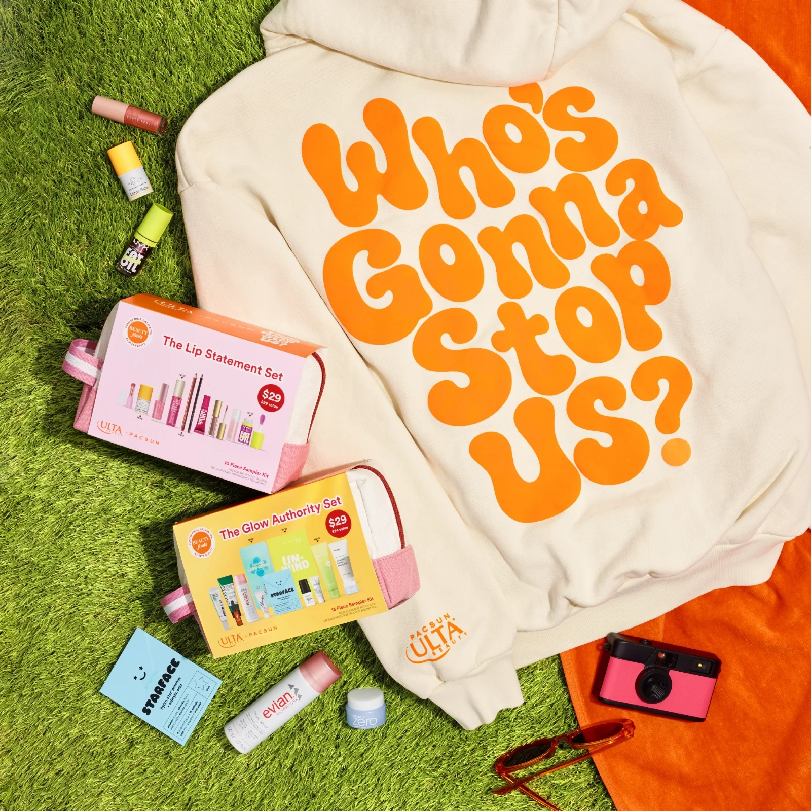 The first-ever PacSun x Ulta Beauty collab lands August 2. ✨ Limited quantities. Unlimited aura. ✨ Shop the Lip Statement Kit and Glow Authority Set online, in Ulta Beauty stores and on TikTok Shop beginning August 2. The “Who’s Gonna Stop Us” hoodie