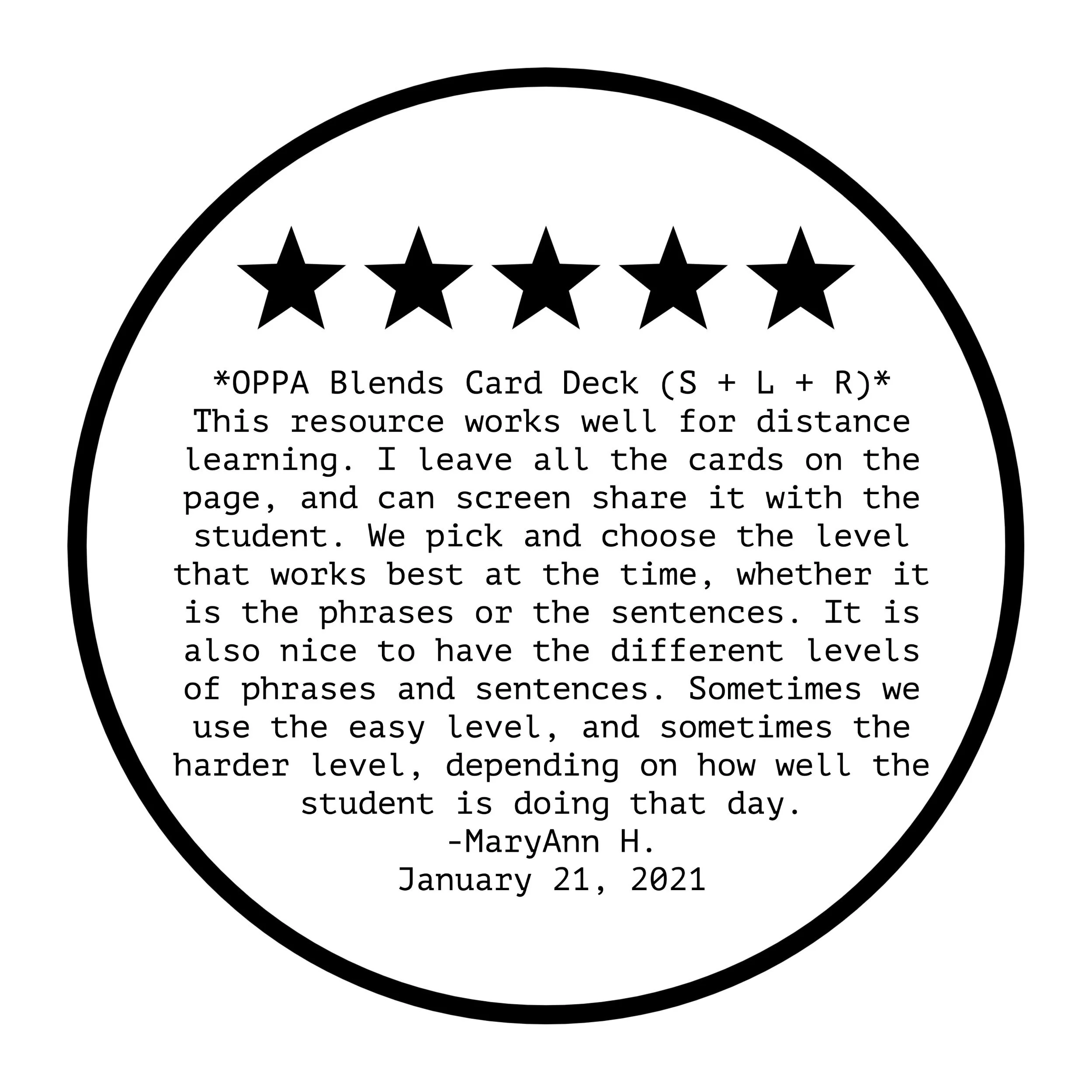 A circular graphic with five stars at the top and a paragraph of text explaining the OPPA Blends Card Deck, including a date of January 21, 2021, and the author, MaryAnn H.
