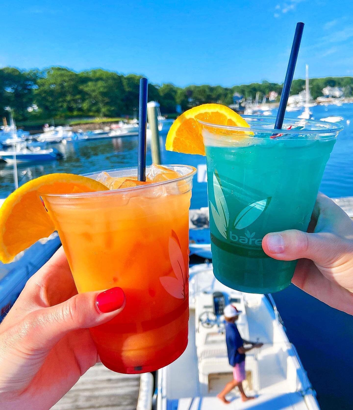 Stole this awesome pic from @fiftystatefoodie 😍🍹!! &bull; 
Which would you pick??: 
🌅The Sunset (left)
🌊Voodoo Rum Punch (right)  #docksiderestaurantyork #yorkharbor #yorkharbormarine #sunset #voodoorumpunch #boats #deck #summervibes