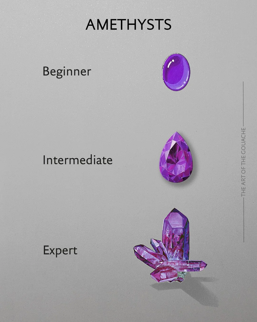 📍 Nos meilleurs conseils pour peindre des améthystes :⁠
⁠
▪️ Débutants : commencez par peindre la forme la plus simple : le cabochon. Vous vous familiariserez ainsi avec la texture de la peinture et la manière de l'appliquer. Veillez à placer correctement les ombres et les reflets pour créer le volume