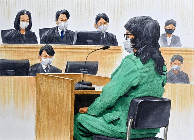  Court drawing of Takahiro at one of his trials in 2020, you can see his hair is much longer than before here 
